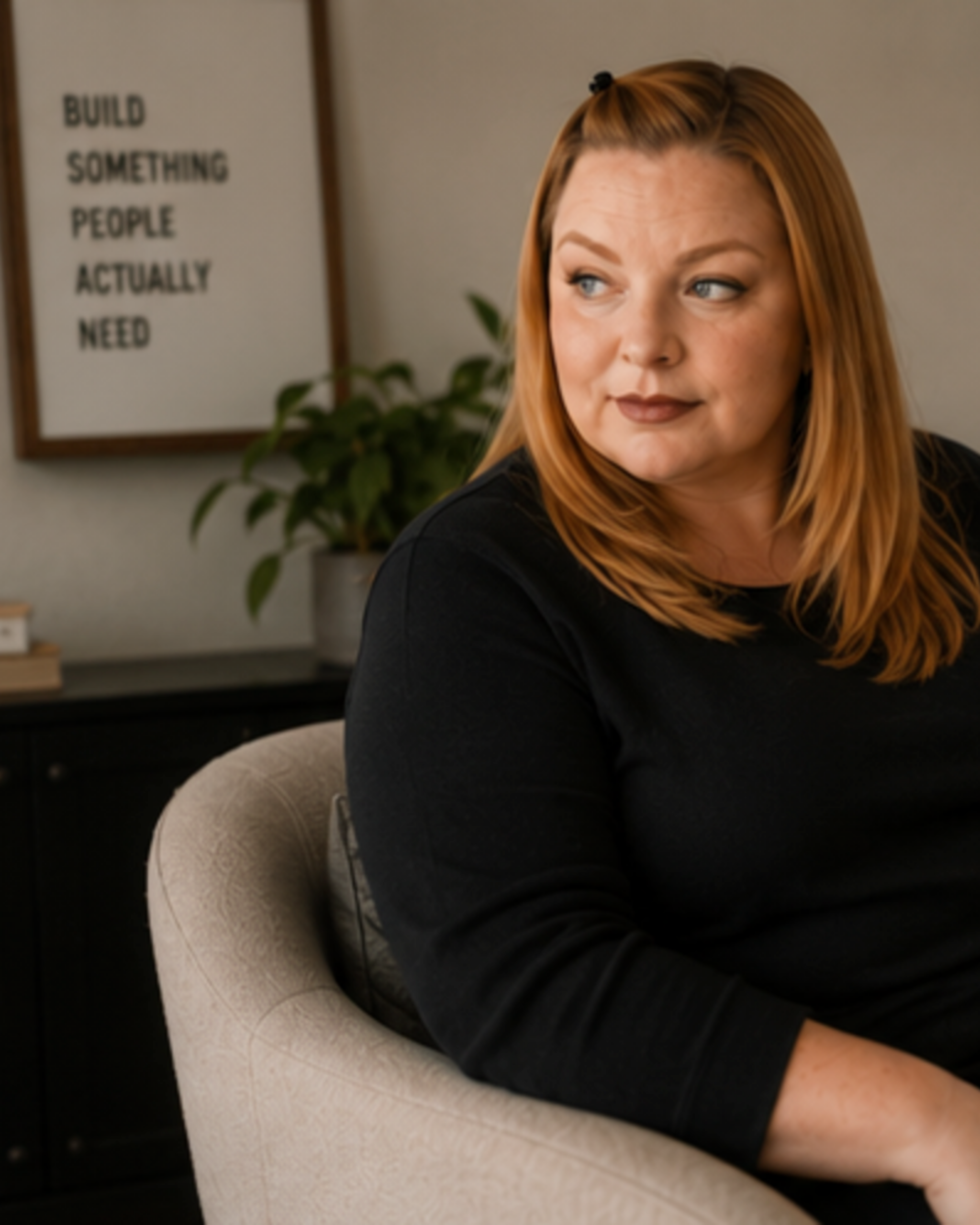 Portrait of Mandy Carwardine seated indoors with a framed poster and plant in the background