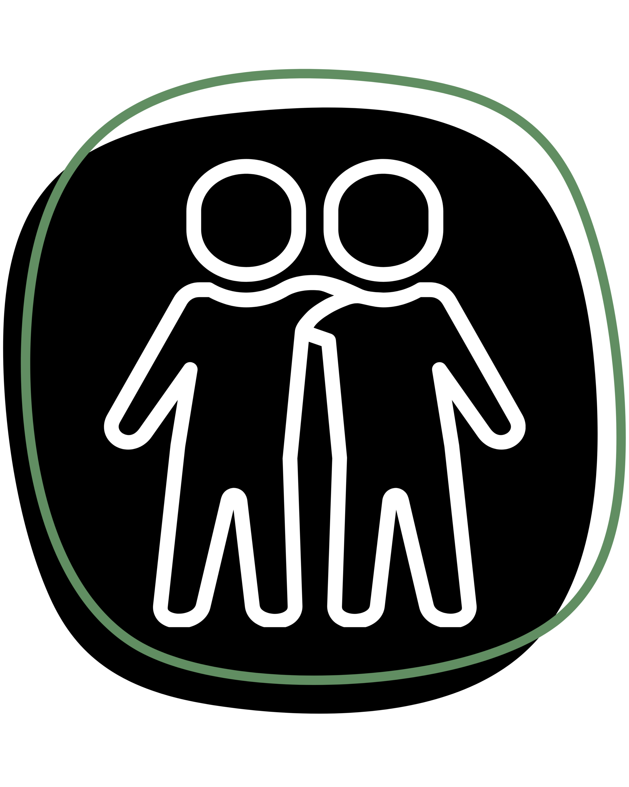 Two-person icon inside a sage green rounded outline on a black background