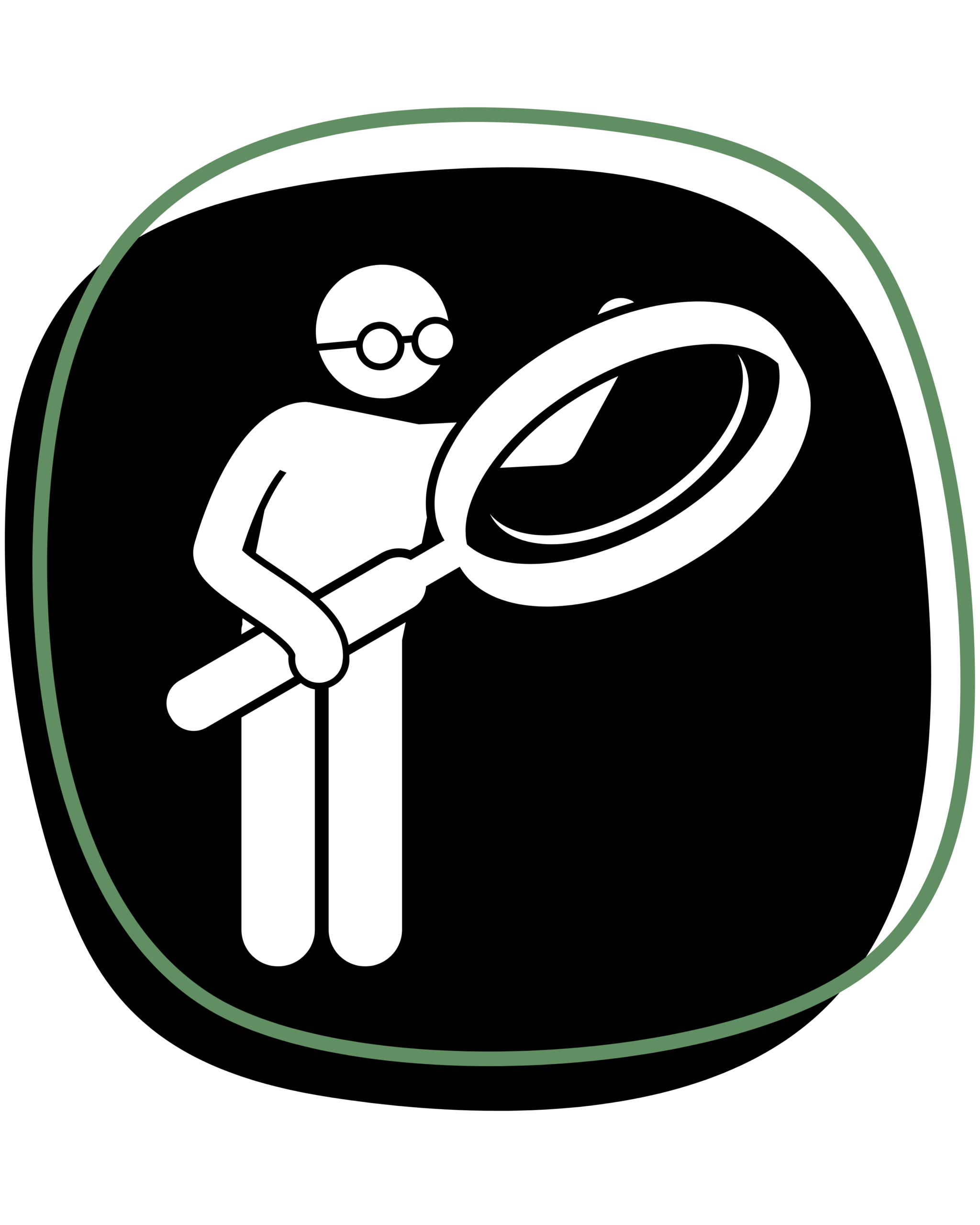 Person with magnifying glass icon inside a sage green rounded outline on a black background